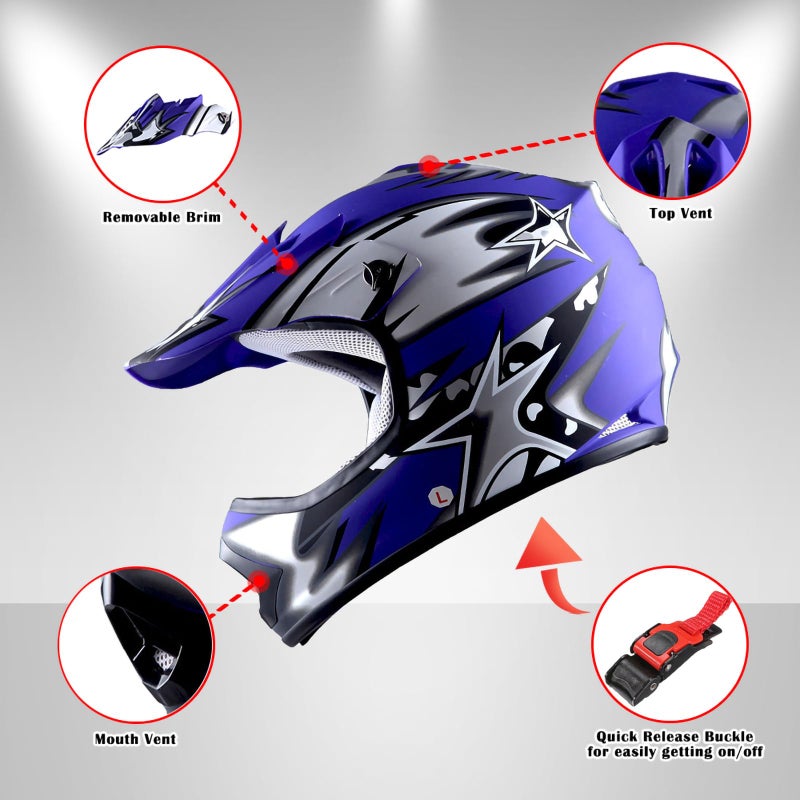 WOW Youth Kids Motocross BMX MX ATV Dirt Bike Helmet Star Matt Blue - Image 3